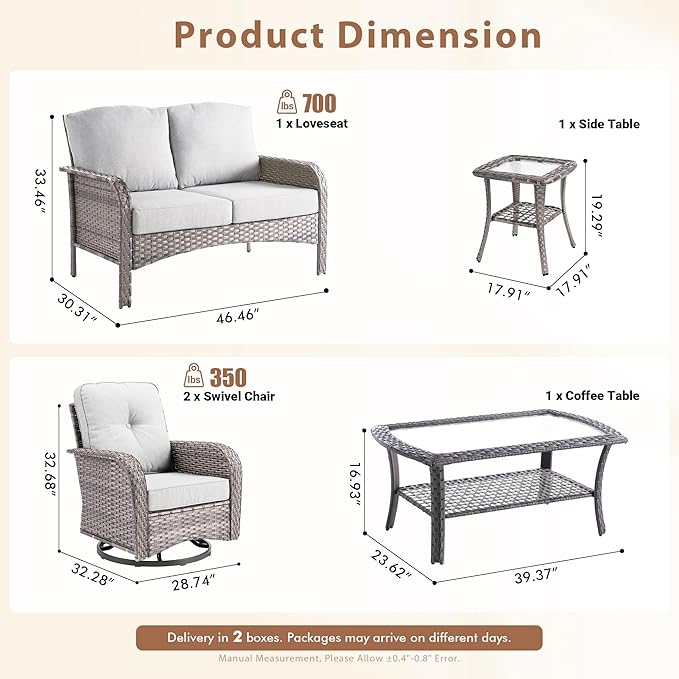 5 Pieces Outdoor Patio Furniture Set with Coffee Table, All Weather Wicker Patio Conversation Sets with Rocking Chairs, Balcony Furniture Sets for Backyard, Garden, Poolside, Grey
