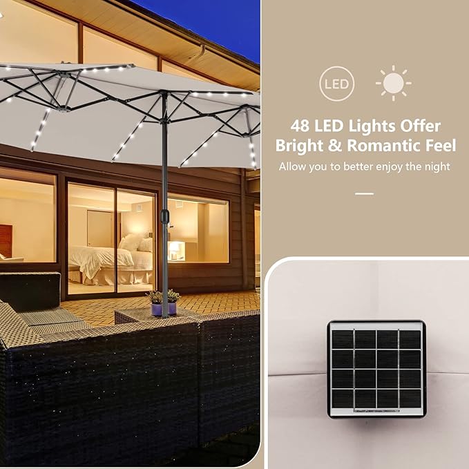 Tangkula 15 Ft Solar Patio Umbrella, Double-Sided Extra Large Outdoor Market Table Umbrella with 48 LED Lights, Crank Handle, 12 Sturdy Ribs for Poolside, Garden & Backyard (Beige)