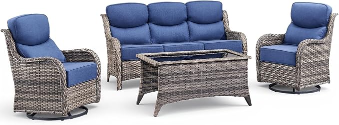 Luxury 4 Pieces Patio Furniture Set-Outdoor Swivel Rocker Patio Chairs with 6" Extra Thick Cushions, High Back Outdoor Couch and Coffee Table, Wicker Conversation Sets for Porch Deck(Grey/Blue)
