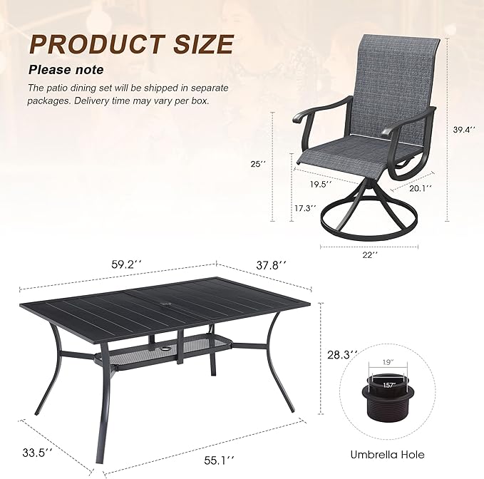 VICLLAX 7 Pieces Patio Outdoor Dining Set, 59" Metal Dining Table with Umbrella Hole and 6 Swivel Textilene Chairs for Lawn,Garden,Porch,Black/Dark Grey