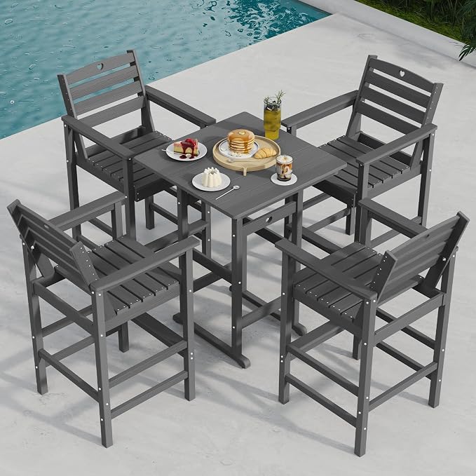 Patio Bar Table,Adirondack Chairs and Table 2 Pieces Set, Bar Height Chairs Set of 2, Outdoor Bar Stools Set,Weather-Resistant Outdoor Furniture for Deck, Balcony, Poolside Easy Assembly
