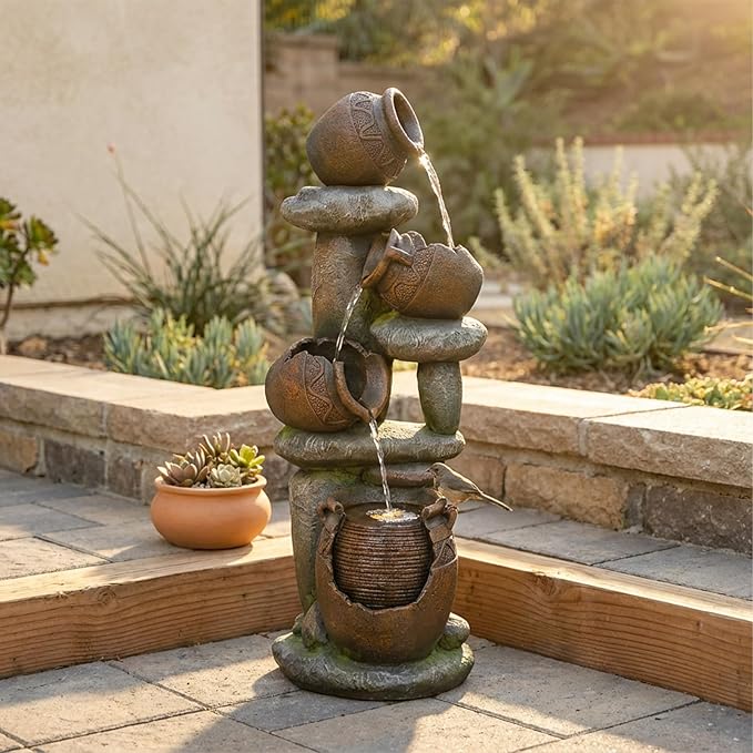 50" H Outdoor Water Fountain with LED Lights, 4-Tier Cascading Water Fountain for Indoor & Outdoor Use, Garden Patio Waterfall Fountain with Stone & Crock Design for Porch, Backyard Décor