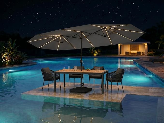 PURPLE LEAF 15ft Patio Market Umbrella with Solar LED and Base Double-Sided Rectangle Outdoor Table Sun Umbrellas with Crank for Pool Beach Deck Backyard Light Gray
