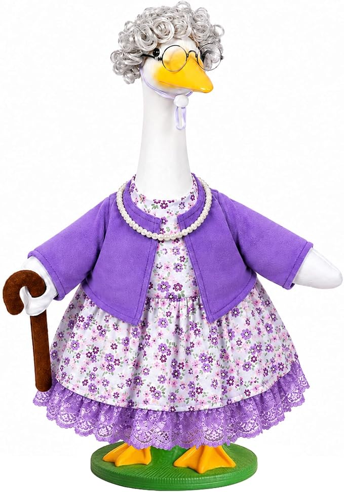 JcHrmers Old Lady Goose Outfits Porch Goose Clothes Fits 23" Cement Plastic Goose Statue Grandma Goose Outfit with Wig Glasses Pearl Necklace for School Outdoor Garden Lawn Yard Patio Art Decor