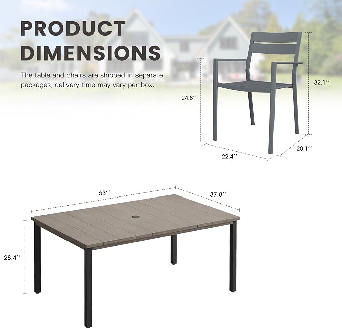 Patio Dining Set for 6, 63" Outdoor Dining Table and Chairs Set with Stackable Patio Chairs Outdoor Furniture for Garden Deck Backyard, Grey Table and Grey Chairs