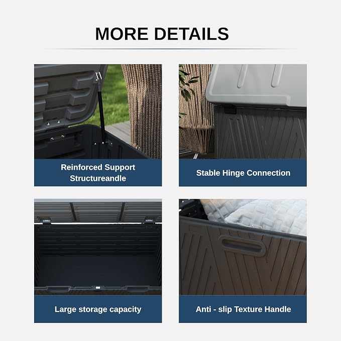110 Gallon Outdoor Storage Box, Waterproof Patio Deck Box with Lockable Lid, Heavy-Duty HDPE Bench for Garden Tools,Cushions (Black, 110 Gallon)