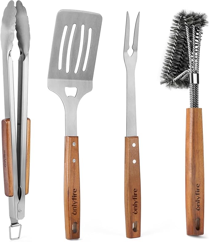 onlyfire 4PCS BBQ Tools, Stainless Steel Griddle Accessories for Outdoor Cooking Camping, Grilling Utensil Set Including Grill BBQ Spatulas, Barbecue Tong, Grill Fork and BBQ Brush
