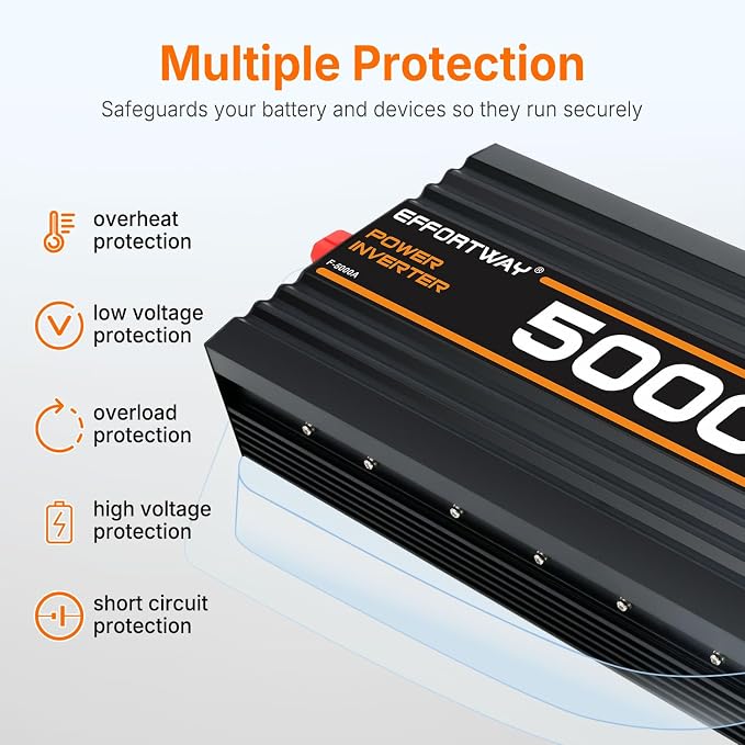 5000W Power Inverter, 12V DC to 110V/120V Modified Sine Wave Inverter with 3 AC Outlets, USB Port, Wired Remote Controller, Car Power Inverter for RV, Truck, Boat, Camping, Off-Grid