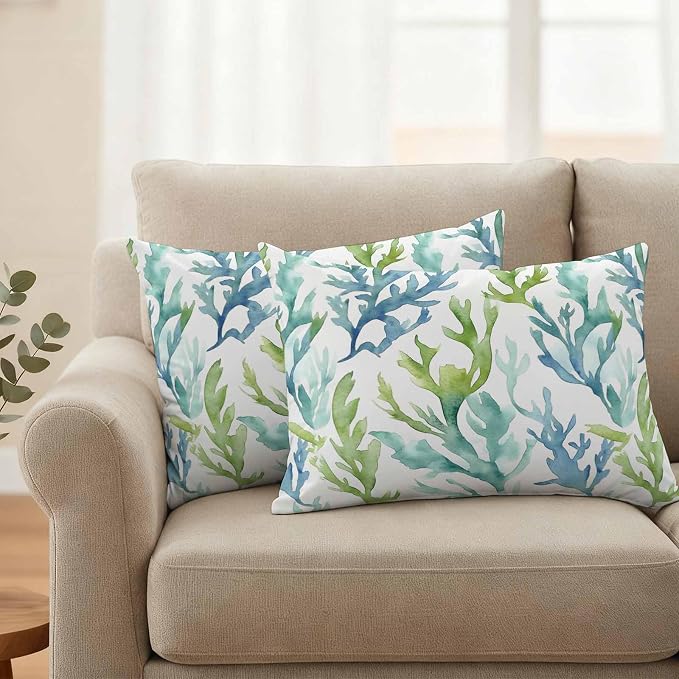 JasmineM Outdoor Pillow Cover 12x20 Inches Set of 2 Blue Teal Coral Waterproof Throw Pillow Covers Watercolor Green Decorative Pillowcases Garden Cushion Case for Patio Couch Sofa