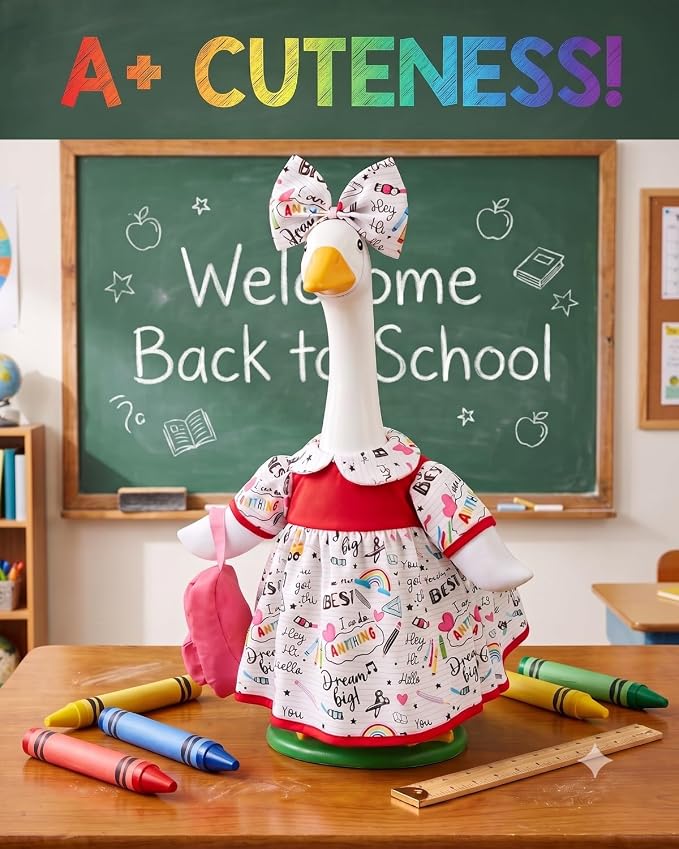 Back to School Porch Goose Outfit with Tote Bag & Bow, 23" Lawn Cement Goose Clothes for School Classroom, Patio Yard Garden Geese Decoration Gift for Mom Grandma