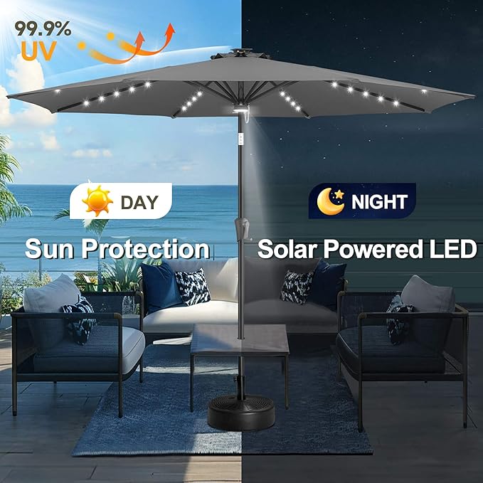 FLAME&SHADE 11 FT Solar Light Patio Umbrella, 40 LED Lights Outdoor Umbrella with Centre Surround Light, Table Market Umbrella for Deck, Pool, Porch, Backyard, Garden, UV Protection, Anthracite