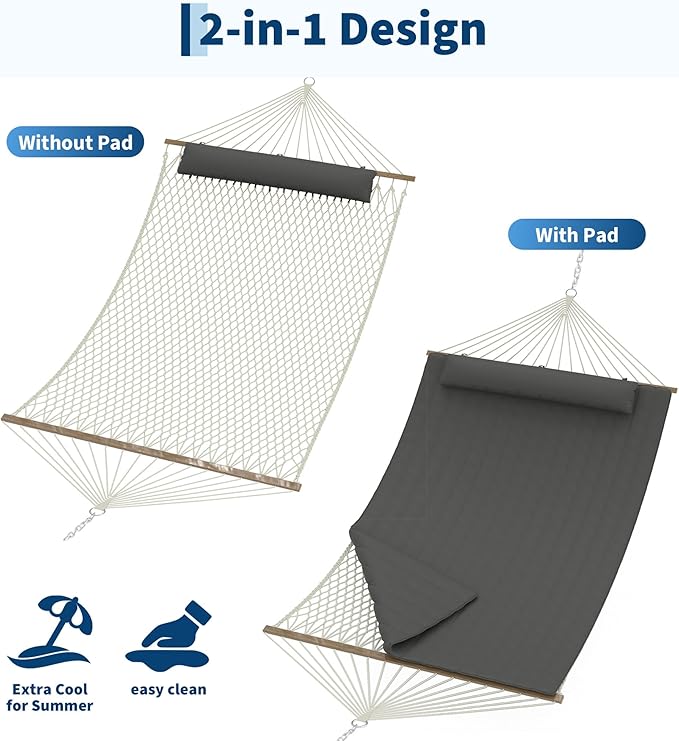 2 Person 12FT Hammocks for Outside, Double Quilted Fabric Outdoor Hammock with Spreader Bar, Large Removable Pillow, Storage Pockets, Carabiners, Max 450 Lbs Capacity
