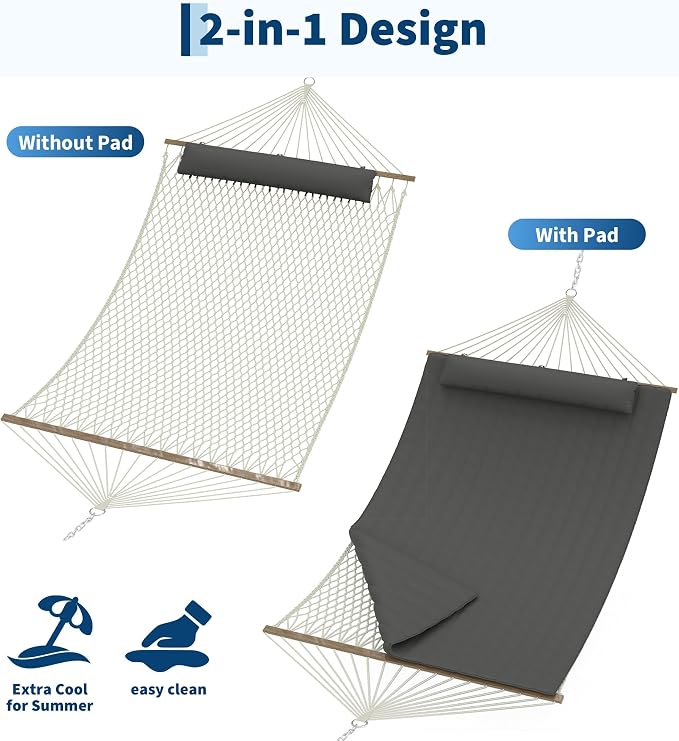 2 Person Outdoor Hammock with Stand - Cotton Rope & Polyester Pad - Adjustable Steel Frame - Sturdy & Cozy for Patio, Backyard, Garden, Beach - Dark Gray