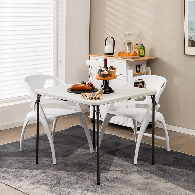 MEDIMALL Outdoor Folding Table, Fold-in-Half Utility HDPE Foldable Table with Metal Legs, Handle, Square Indoor Outdoor Collapsible Dining Table for Camping, Picnic, Party (White)