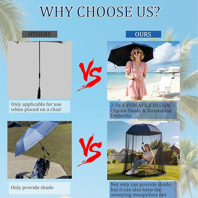 41.2" Umbrella with Mosquito Net for Beach Chairs, Stroller, Camping, Include Adjustable Universal Clamp, Drawstring Bag, Sandbags, Portable Sun Umbrella with Mosquito Mesh, Not Include Chair