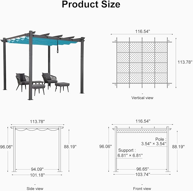 PURPLE LEAF 10' X 10' Outdoor Retractable Pergola with Sun Shade Canopy Patio Metal Shelter for Garden Porch Beach Pavilion Grill Gazebo Modern Yard Grape Trellis Pergola, Turquoise Blue