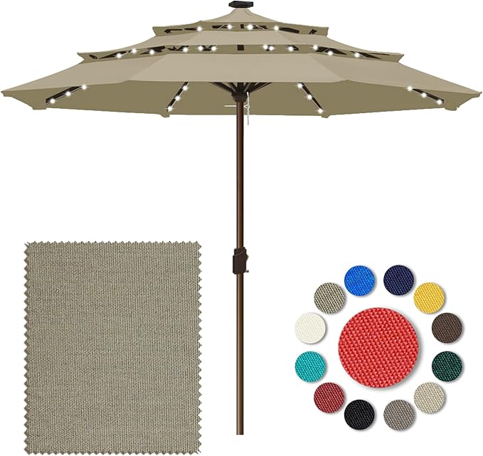 Eurmax USA 10-Year-Non-Fading 10FT 3-Tier Outdoor Patio Market Umbrella with LED Lights,UPF50+ UV Resistant,Commercial Grade,Crank Lift Design,Windproof Vented Top for Garden,Pool,Deck,Mushroom
