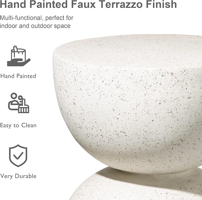 Glitzhome Outdoor Side Table, Round Small End Table with Terrazzo Finish MGO Hourglass Garden Stool, Set of 2 Lightweight Decorative Accent Table for Living Room Planter Stand Patio Pool Porch, White