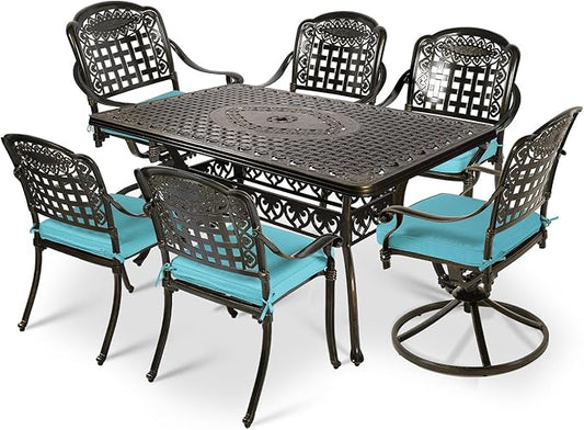 VIVIJASON 7-Piece Patio Furniture Dining Set, Outdoor Cast Aluminum Conversation Set, Include 4 Stationary Chairs, 2 Swivel Dining Chairs and a Rectangle Table with Umbrella Hole, Ocean Blue Cushion