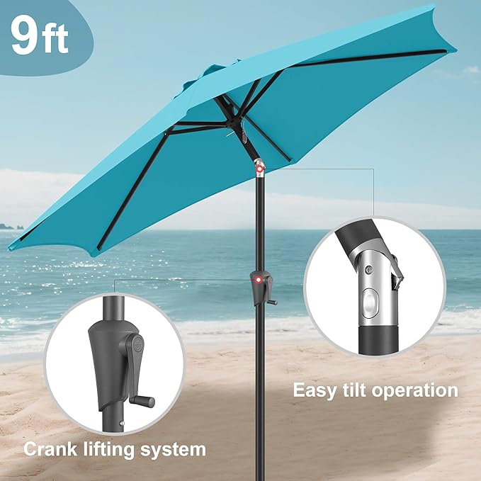 FLAME&SHADE 9ft Patio Umbrella Outdoor - Table Umbrella with Push Button Tilt and Crank, UV Protection, 6 Sturdy Ribs, Market Umbrella for Garden, Deck, Backyard, Lawn, Pool and Beach(Aqua Blue)