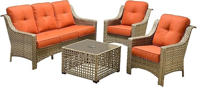 Outdoor Patio Furniture Sets, 4 PCS Patio Conversation Set Outside Rattan Sofa with Solar Light Coffee Table Comfy Cushions Fit Backyard Porch Garden Poolside Balcony,Orange Red