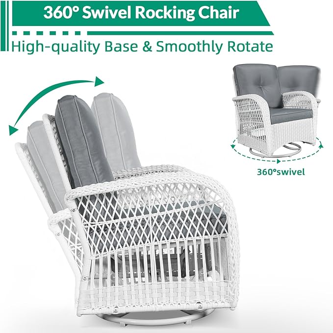 VIVIJASON 3 Piece Patio Wicker Swivel Rocker Bistro Set, Outdoor Swivel Rocking Chairs Set of 2 with Glass-Top Side Table, Patio Rattan Furniture Set for Deck Porch Backyard, White/Grey