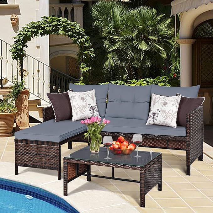 3 Pieces Patio Conversation Set, Outdoor Patio Corner Sofa Set, Rattan Wicker Sofa Set 3 PCS, Outdoor Couch Loveseat w/Coffee Table Cushions for Patio Garden Lawn Poolside (Grey)
