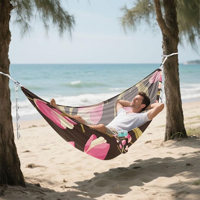Pink Tulipa Green Leaves Flat Illustration Style 330lb Capacity Outdoor Hammocks with Hanging Rope Rope Hammock for Indoor Outdoor Patio soporte para hamacas para adultos