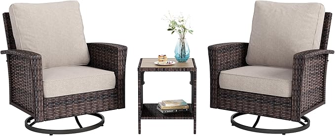 3-Piece Outdoor Patio Furniture, High Back Swivel Chairs Set of 2 with Rattan Table, Brown Wicker Conversation Bistro Set with 5.5” Thick Cushion for Deck Porch Balcony Garden Lawn, Beige