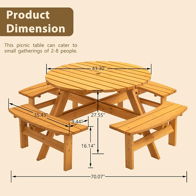 70 in. Round Wooden Picnic Table for 8 Persons with 4 Built-in Benches, 2220 lbs Capacity Outdoor Camping Dining Set for Garden, Patio, Backyard, DIY Natural Finish with Umbrella Hole