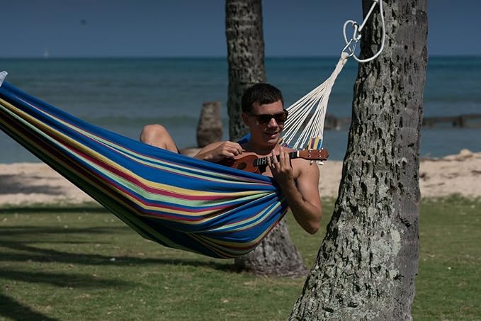 BYER OF MAINE Barbados Hammock, Authentic Brazilian, Blue Sky, Recycled Cotton/Polyester Blend, 134" L x 58" W, Holds up to 330lbs