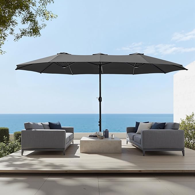 Sophia & William 15 ft Extra Large Patio Umbrella with Base Included, Rectangular Outdoor Umbrella Heavy Duty, Market Umbrella Double-sided Fade Resistant for Pool Garden Backyard, Smoky Gray