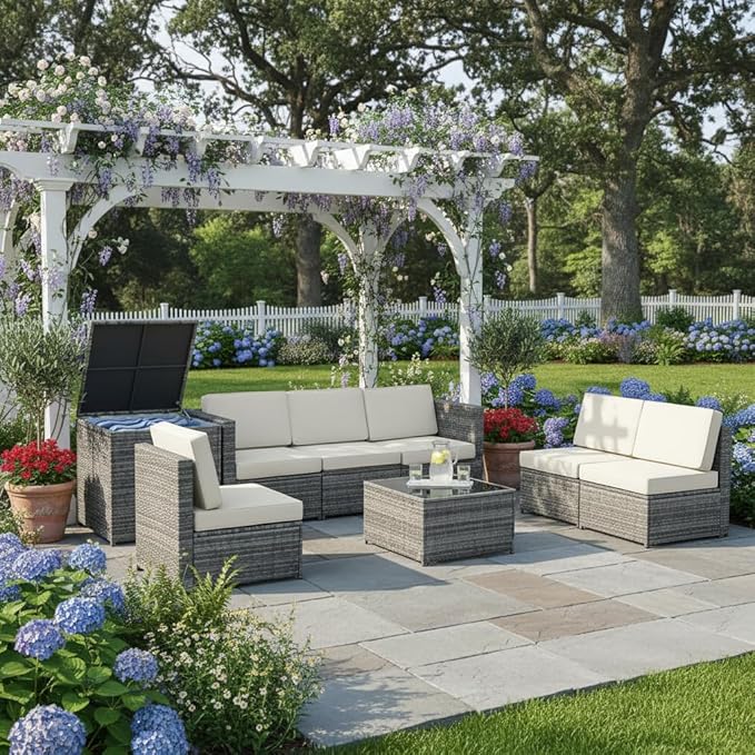 Tangkula 8 PCS Outdoor Patio Furniture Set, Rattan Wicker Sofa Set, Sectional Sofa Couch Conversation Set w/Storage Table and 12 Zippered Cushions for Garden Backyard Poolside (White)