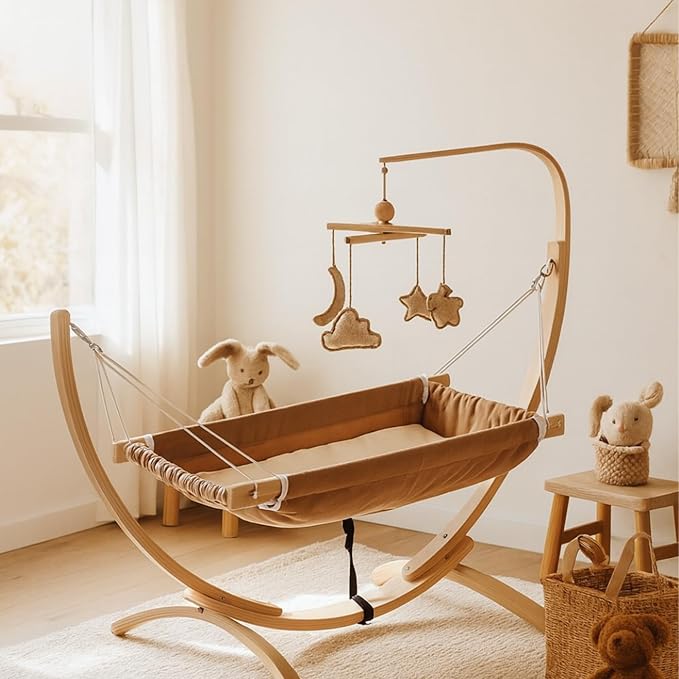 Kids Hammock Bed for Children Ages 3 to 5 Years, 15 to 36 kg Capacity, Comfortable Fabric with Wooden Frame, Portable and Easy to Assemble for Indoor and Outdoor Use (Brown-4)
