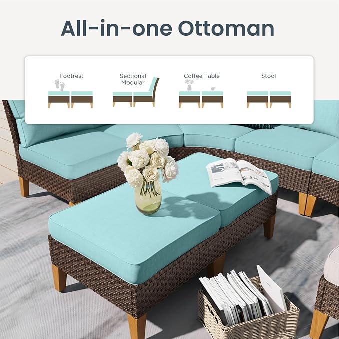 PHI VILLA Wicker Patio Furniture Set with 56" Fire Pit Table, 10 Pieces Outdoor Conversations Set, Rattan Patio Sectional Set with 2 Swivel Chairs, 3-Seater Sofa, Loveseat, 2 Ottomans, Aqua Blue