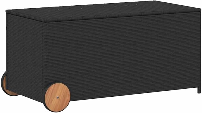 Benzara Saki Outdoor Storage Box, Rectangular Black Poly Rattan, Wood Wheels