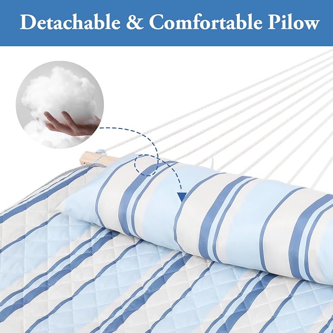 Double Hammock Pad and Pillow Set,78" x 55"Polyester Quilted Hammock Pad, Enhanced Comfort for Rope Outdoor Patio, Garden, Beach Hammocks, BlueStripe