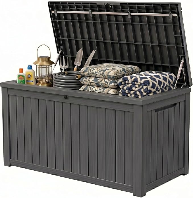 199 Gallon Large Resin Outdoor Storage Box, Waterproof Deck Box with Lockable Lid, Outside Storage Box for Patio Furniture, Pool Accessories, Garden Tools, Storage Bench for Backyard, Porch, Black