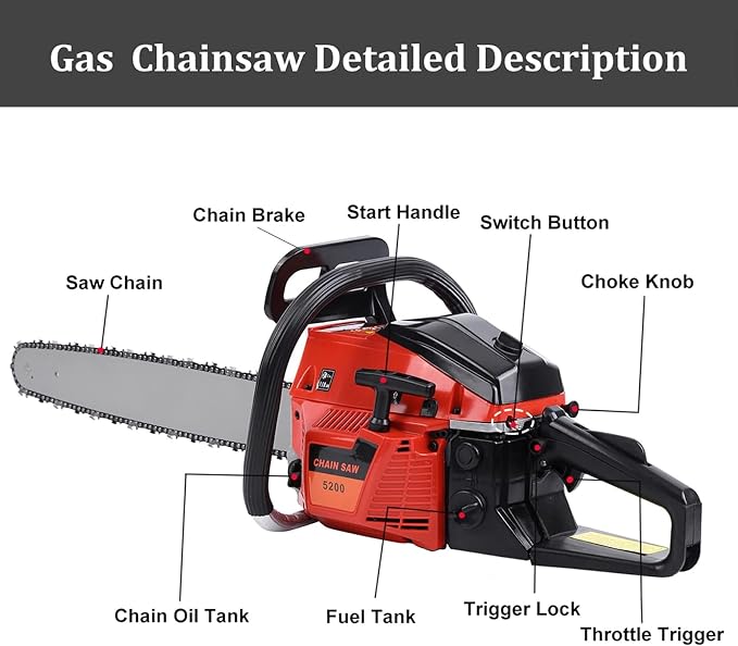 52CC Gas Chainsaw, 22-Inch 2KW Professional Grade Chain Saw with 8500rpm High-Speed Cutting, Lightweight 2-Stroke Engine for Wood Logging, Tree Pruning, Gardening & Landscaping