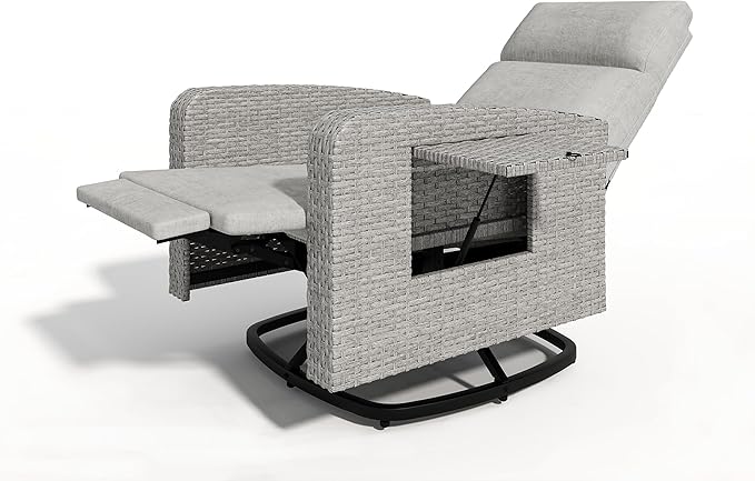 Outdoor Recliner Chair,Reclining Patio Chair with Adjustable Back and Extended Footrest,All-Weather Wicker 360° Swivel Chairs with Flip-up Table for Pool Deck Balcony