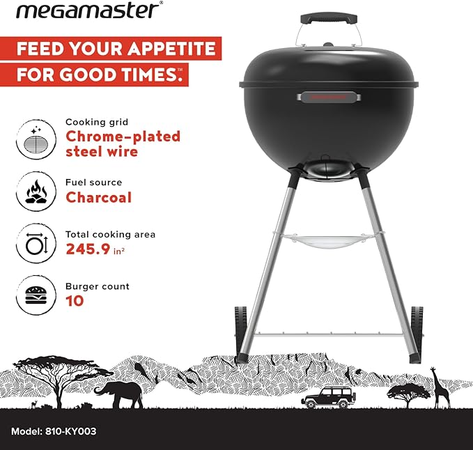 Megamaster 18" Portable Charcoal Barbecue Grill with Adjustable Air Vent, Storage Rack, 245 SQ. In Cooking Area, 2 Wheel Transport BBQ Grill for Camping, Outdoor Cooking, Patios, and More - 810-KY003