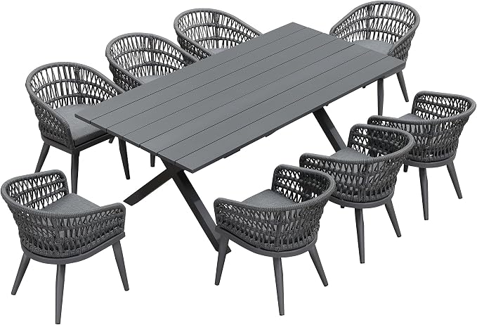 PURPLE LEAF 9 Pieces Outdoor Dining Set All-Weather PE Rattan Outdoor Patio Furniture Set with All Aluminum Frame Rectangular Table and Chairs Set for Lawn Garden Backyard Deck, Grey