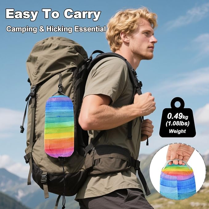 Qilmy Rainbow Camping Hammock Single – 330 lbs Capacity, Lightweight with Tree Straps & Carabiners, Portable for Hiking, Travel, Backpacking