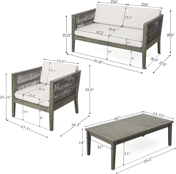 4-Pieces Acacia Wood Patio Furniture Set, Outdoor Furniture with Coffee Table, Patio Conversation Set Deep Seating with Soft Cushion, Porch Chairs for Garden, Backyard Porch Balcony, Grey & Beige