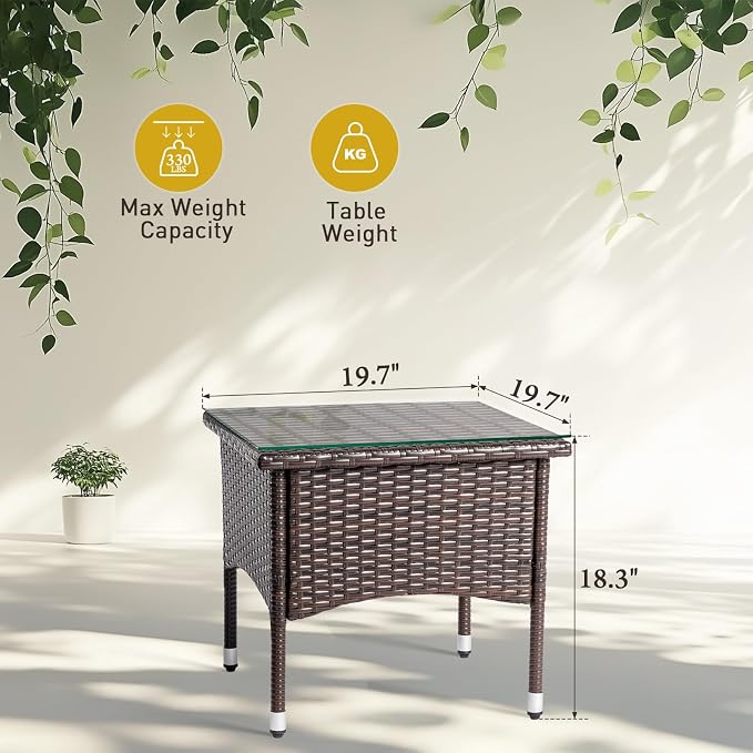 20" Square Patio Side Table,Small Outdoor Wicker End Tables,All-Weather Rattan Coffee Table,Bistro Dining Tables,with Glass Tabletop,for Lawn Garden Backyard Deck Porch Poolside Balcony (Brown)