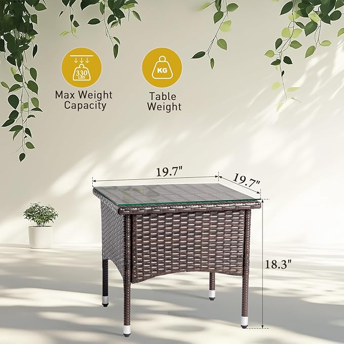 Outdoor Wicker Side Table with Tempered Glass Tabletop, All-Weather Rattan Patio Table, for Outside Patio, Porch, Garden, Brown