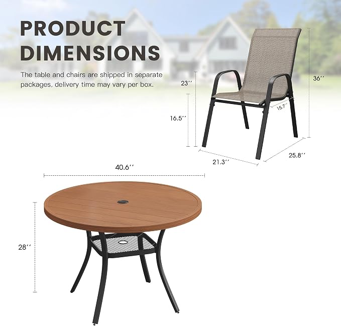 5 Pieces Outdoor Dining Set, 40.6" Round Table with Umbrella Hole & Stackable Patio Dining Chairs, Patio Table and Chairs Set for Deck Garden Porch, Brown Chairs & Walnut Table