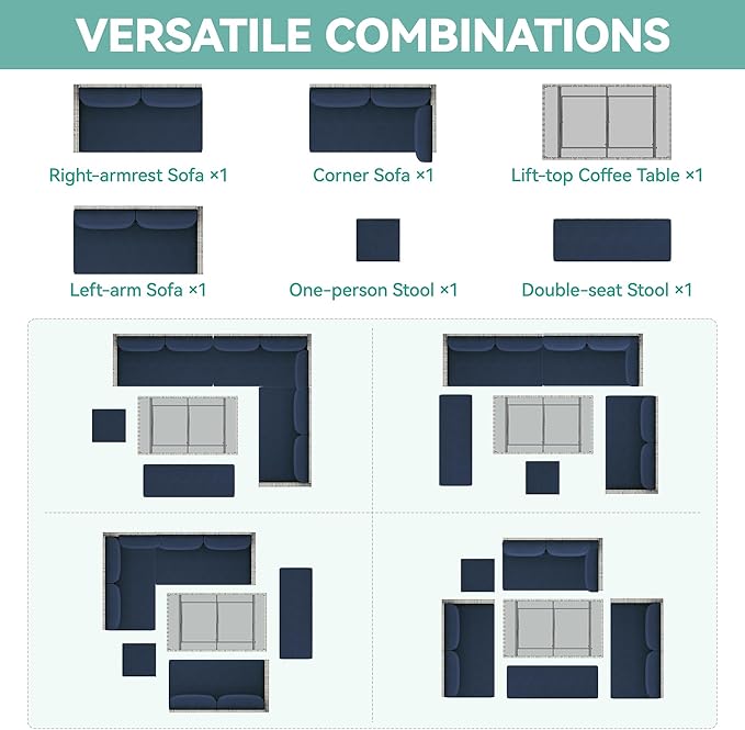 YITAHOME 6-Piece Outdoor Sectional Sofa Set, All-Weather Wicker Patio Conversation Furniture with Lift-Top Dining Table & Ottoman, Navy Blue