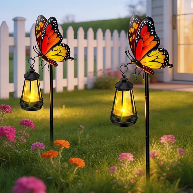 ZFNN Solar Garden Decor Lights Outdoor Waterproof, Metal Butterfly Stakes with Solar Lanterns, Decorative Yard Art for Outside Patio Lawn Ornaments, Gifts for Women Mom（2Pack）