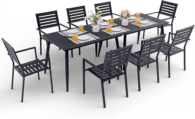10-Piece Outdoor Dining Set - Two 47.25" HDPE Patio Tables and 8 Stackable Armrest Chairs - All-Weather Rust-Proof Steel Frame for Garden, Deck(Black)